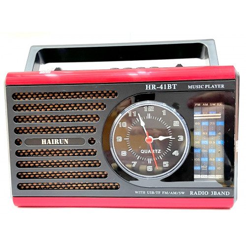 радиоприемник HAIRUN+Bluetooth+USB+SD+фонарик+часы+аккумулятор HR-41BT