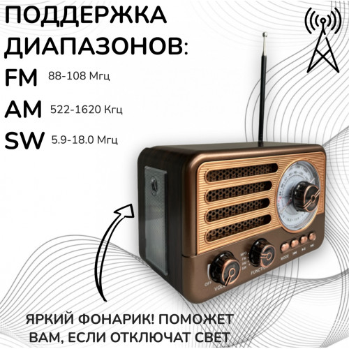радиоприемник HAIRUN+Bluetooth+USB+SD+фонарик+аккумулятор 18650 HR-31BT
