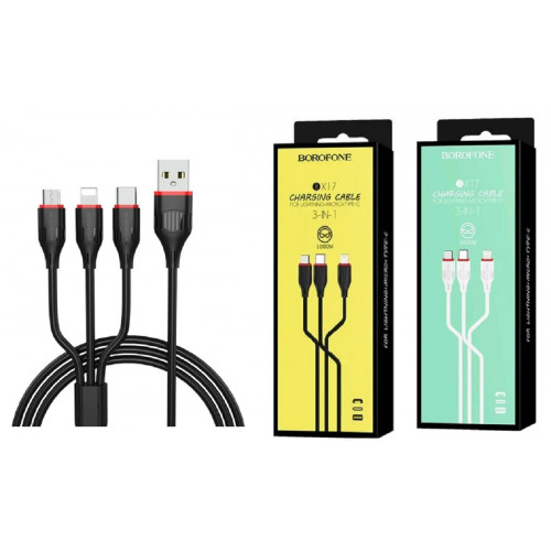 кабель 3в1 Micro+iphone+Type-C Borofone BX17